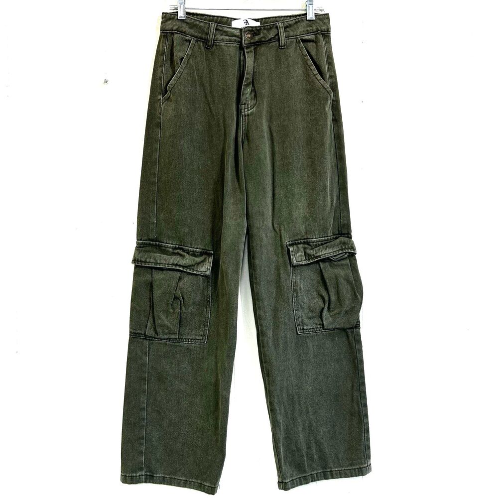 Flying Angel Women Wide Leg Cargo Jeans Size 29 Baggy Green Olive Vintage Wash